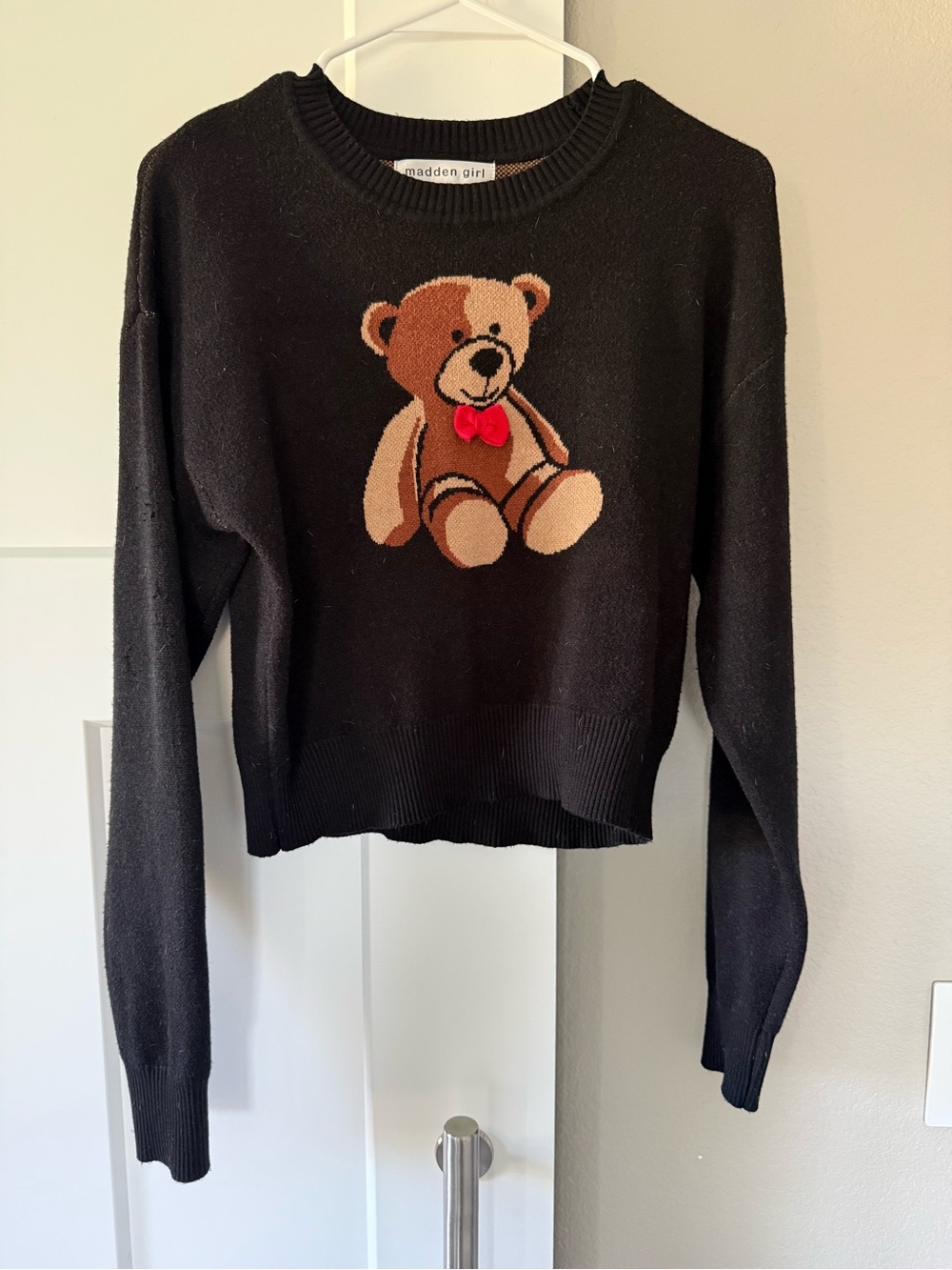 Madden Girl Black Sweater with Brown Teddy and Red Bow